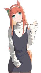 1girl absurdres animal_ears aqua_eyes black_dress black_pantyhose blunt_bangs chisaku commentary cowboy_shot dress ear_covers hair_ornament hairband hairclip highres hime_cut horse_ears horse_girl horse_tail jewelry long_hair long_sleeves looking_at_viewer necklace orange_hair orange_tail pantyhose silence_suzuka_(umamusume) simple_background sleeves_past_wrists smile solo sweater tail turtleneck turtleneck_sweater umamusume white_background white_hairband white_sweater 