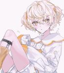 1boy androgynous blonde_hair blush bridal_garter fragaria_memories highres leg_warmers long_sleeves male_focus multicolored_hair myunna_(fragaria_memories) orange_hair orange_leg_warmers shirt short_hair short_twintails shorts sketch solo twintails user_vszk4345 white_background white_shirt white_shorts 