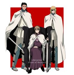  1girl 2boys armored_boots badeni black_hair black_shoes blonde_hair boots braid chair chi.:_chikyuu_no_undou_ni_tsuite cloak dress english_text eyepatch full_body grey_pants hair_bun hair_over_shoulder highres holding holding_sword holding_weapon jolenta multiple_boys nusushito oczy pants purple_dress red_background scar scar_on_cheek scar_on_face scar_on_mouth scar_on_nose shirt shoes single_braid sitting standing sword weapon white_cloak white_shirt 