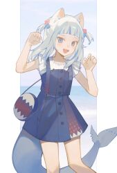  1girl animal_bag animal_ears bag blue_eyes blue_hair blunt_bangs cat_ears claw_pose cube_hair_ornament dress fins fish_tail gawr_gura gawr_gura_(casual) hair_ornament highres hololive hololive_english looking_at_viewer multicolored_hair open_mouth shark_girl shark_tail sharp_teeth short_sleeves shoulder_bag smile solo streaked_hair tail teeth two_side_up white_hair yuumii_0120 