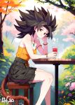  1girl artist_name bar_stool bare_shoulders black_hair day dragon_ball flower forest highres holding jewelry monkey_tail nature pendant saiyan sitting solo spiky_hair stool tail 