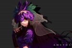  1girl amethy_(19833275) artist_name black_hair dress elbow_gloves flower gloves grey_background leaf leaf_on_head long_hair mole mole_under_eye orchid pixel_art puffy_short_sleeves puffy_sleeves purple_dress short_sleeves solo touhou upper_body veil violet_eyes yomotsu_hisami 