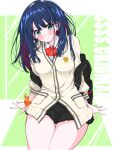  1girl bag black_hair black_skirt blue_eyes blush bow breasts gridman_universe highres kagura_takeshi long_hair looking_at_viewer miniskirt school_uniform scrunchie sitting skirt solo ssss.gridman takarada_rikka thighs uniform wrist_scrunchie 