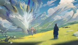  1girl 1other absurdres arknights bare_shoulders black_coat blonde_hair blue_hair blue_sky clouds cloudy_sky coat doctor_(arknights) dragon dragon_girl dragon_horns dragon_tail drone eastern_dragon eastern_dragon_horns eastern_dragon_tail fangs grass grey_hair highres hood hooded_coat horns jacket long_sleeves multicolored_hair oneworldtwo outdoors pants rock shu_(arknights) sky strapless tail tube_top white_eyes white_jacket white_pants white_tube_top 