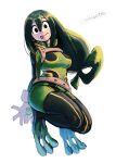  1girl :&gt; :p artist_name asui_tsuyu belt black_eyes bodysuit boku_no_hero_academia breasts brown_eyes closed_mouth full_body gloves green_bodysuit hair_between_eyes hair_rings long_hair looking_afar looking_at_viewer low-tied_long_hair medium_breasts ohhhhhhtsu simple_background smile solo superhero tongue tongue_out white_background white_belt white_gloves 