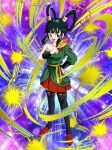  1girl armlet belt black_eyes black_hair black_thighhighs chinese_clothes dragon_ball full_body green_shirt hair_ornament hair_rings holding holding_paper ofuda open_mouth paper red_footwear shirt single_bare_shoulder solo thigh-highs yellow_belt yurin_(dragon_ball) 