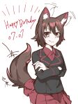  1girl afterimage animal_ears birthday black_headwear black_jacket brown_eyes brown_hair collared_shirt commentary cowboy_shot crossed_arms dated dog_ears dog_tail dress_shirt ear_wiggle english_text garrison_cap girls_und_panzer happy_birthday hasekura_(hachinochun) hat highres jacket kemonomimi_mode kuromorimine_military_uniform long_sleeves looking_at_viewer military_hat military_uniform miniskirt nishizumi_maho pleated_skirt red_shirt red_skirt shirt short_hair simple_background skirt solo standing tail tail_wagging uniform white_background 