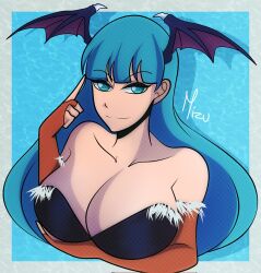  1girl absurdres aqua_eyes aqua_hair artist_name bare_shoulders bat_wings blue_background blue_eyes blue_hair breasts cleavage darkstalkers demon_wings detached_sleeves fingerless_gloves fur_trim head_wings highres large_breasts light_blue_eyes light_blue_hair long_hair morrigan_aensland pointing pointing_up purple_wings red_sleeves simple_background smile solo wings 