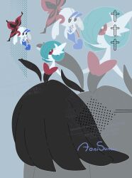  alternate_color black_dress black_eyes blue_hair bob_cut chikawapkmn0487 colored_skin dress floette floette_(eternal) flower gardevoir hair_over_one_eye highres mega_gardevoir mega_pokemon no_humans pokemon pokemon_(creature) pokemon_focus red_eyes shiny_pokemon white_skin 