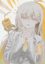  1girl ahoge armband black_jacket blue_eyes brown_hair chibi chibi_inset collared_shirt enkephalin_(project_moon) hair_ornament hairclip highres hod_(project_moon) jacket lobotomy_corporation long_hair long_sleeves looking_at_viewer multiple_views necktie open_mouth orange_armband orange_necktie own_hands_clasped own_hands_together project_moon robot shirt shushuisgood simple_background solo upper_body white_background white_shirt 