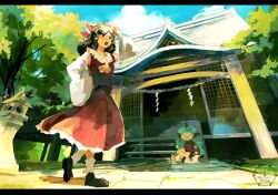  2girls ascot bare_shoulders black_eyes black_hair black_shoes blue_sky bow box clouds detached_sleeves donation_box green_hair hair_tubes hakurei_reimu hand_on_own_head hand_on_own_hip highres horns hugging_own_legs komainu_ears komainu_girl komano_aunn long_hair looking_to_the_side multiple_girls outdoors red_bow red_shirt red_shorts red_skirt sandals shirt shoes shorts shrine single_horn sitting skirt sky sleeveless sleeveless_shirt socks stone_lantern tongue tongue_out touhou tree twitter_username two-tone_shirt two-tone_shorts uninosono watermark white_shirt white_shorts white_socks yellow_ascot 