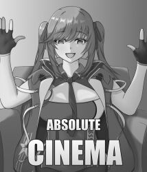  1girl absolute_cinema_(meme) absurdres azur_lane essex_(azur_lane) fang fingerless_gloves gloves greyscale hands_up highres looking_at_viewer meme monochrome open_mouth sitting skin_fang solo swept_bangs twintails wororg 