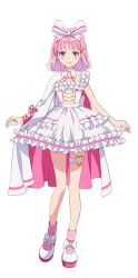  1girl akagi_yuina anime_coloring boots bow cloak closed_mouth dress earrings frilled_dress frills full_body hair_bow idol idol_clothes jewelry lips looking_at_viewer maebashi_witches official_art pink_eyes pink_hair platform_boots short_hair simple_background smile solo standing striped_bow tachibana_nozomi_(artist) thigh_strap transparent_background white_cloak white_dress 