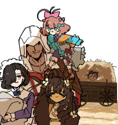  1boy 4girls ^_^ ahoge assassin&#039;s_creed_(series) assassin&#039;s_creed_ii black_hair blanket blue_bow blue_dress blue_eyes blue_scarf bow brown_hair closed_eyes closed_mouth crossover crying dress ezio_auditore_da_firenze fatutu flower flutterpage hair_bow hair_flower hair_ornament hair_over_one_eye hay highres holding holding_blanket hood hood_over_one_eye hood_up long_hair maid maid_headdress multiple_girls multiple_hair_bows one_eye_covered orange_scarf pants pants_under_dress pink_bow purple_dress red_bow reverse:1999 scar scar_on_face scar_on_mouth scarf shirt short_hair sitting_on_shoulder sleeveless sleeveless_shirt smile swaddled tuesday_(reverse:1999) two-tone_scarf upper_body violet_eyes wagon wheel white_background white_flower white_shirt willow_(reverse:1999) ziyunshanding 