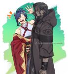  2boys 91007 :d ^_^ artist_name asymmetrical_hair bare_shoulders black_hair black_robe blue_hair closed_eyes closed_mouth dark-skinned_male dark_blue_hair dark_skin fire_emblem fire_emblem_engage hair_ornament hairclip hand_on_own_hip hand_up highres hood hood_down hooded_robe jewelry kagetsu_(fire_emblem) key key_necklace long_hair multiple_boys necklace open_mouth robe smile teeth twitter_username wide_sleeves x_hair_ornament yellow_eyes zelkov_(fire_emblem) 