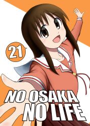  1girl :d airplane_arms azumanga_daioh azumanga_daioh's_school_uniform brown_eyes brown_hair character_name collarbone comiket_101 commentary_request floating_neckwear foreshortening highres kasuga_ayumu looking_at_viewer looking_to_the_side medium_hair morichan neck_ribbon numbered open_mouth orange_background outstretched_arms pink_ribbon pink_shirt pink_skirt pleated_skirt ribbon sailor_collar school_uniform shirt skirt smile solo speech_bubble spread_arms spread_fingers standing title two-tone_background very_long_sleeves white_background white_sailor_collar winter_uniform 