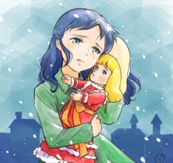  1girl blue_eyes blue_hair blue_sky building collared_dress commentary crying crying_with_eyes_open doll dress green_dress hand_up head_tilt holding holding_doll hugging_doll hugging_object long_hair lowres outdoors parted_lips princess_sarah sad sakai_yume sarah_crewe signature sky snowing solo standing tears upper_body winter 