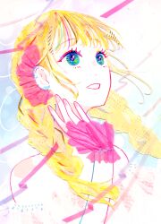  1girl :d abstract absurdres bare_shoulders blonde_hair blue_eyes braid commentary_request dot_nose dress ear_piercing english_commentary eyelashes hand_up highres long_hair looking_up low_twin_braids masking_tape_(medium) mixed-language_commentary mixed_media multicolored_hair off-shoulder_dress off_shoulder open_mouth original piercing pink_nails pink_ribbon pink_scrunchie ribbon ryono scrunchie sidelocks smile solo streaked_hair traditional_media twin_braids unconventional_media upper_body wispy_bangs wrist_scrunchie 