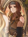  1girl absurdres black_gloves blonde_hair brigid_(fire_emblem) brown_eyes closed_mouth commission commissioner_upload eyvel fingerless_gloves fire_emblem fire_emblem:_genealogy_of_the_holy_war gloves headband highres iro_saki long_hair looking_at_mirror mirror muneate non-web_source reflection skeb_commission smile solo wavy_hair 