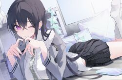  1girl black_hair black_skirt blush braid breasts cellphone closed_mouth collared_shirt colored_inner_hair commission crossed_bangs dutch_angle elbow_rest feet_up four-finger_heart_hands grey_jacket hair_between_eyes hands_up heart heart_hands highres ichinose_uruha indoors jacket kneehighs long_hair long_sleeves looking_at_viewer lying momochi_tamalu multicolored_hair nail_polish necktie on_stomach one_eye_closed phone pillow pink_nails purple_hair shirt sidelocks skeb_commission skirt smartphone socks solo star_(symbol) thighs very_long_hair virtual_youtuber vspo! white_shirt white_socks wing_collar 