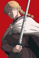 1girl blonde_hair blood blood_on_hands blood_on_weapon braid breasts brown_eyes chi.:_chikyuu_no_undou_ni_tsuite cloak closed_mouth dress hair_between_eyes highres holding holding_sword holding_weapon jolenta long_hair medium_breasts nusushito parted_bangs purple_dress red_background single_braid solo sword upper_body weapon white_cloak 