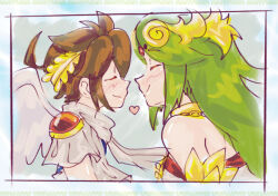  1boy 1girl ahoge angel angel_wings artist_name brown_hair chain closed_eyes face-to-face gold_chain green_hair heart highres kid_icarus kid_icarus_uprising laurel_crown palutena pit_(kid_icarus) santurn smile upper_body wings 