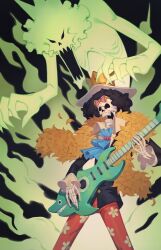  1boy absurdres afro ascot black_background black_hair black_jacket blue_ascot brook_(one_piece) colored_smoke commentary crown devil_fruit_power feather_boa floral_print_pants highres holding holding_instrument instrument jacket making-of_available male_focus one_piece randomfriedeggg skeleton smoke 