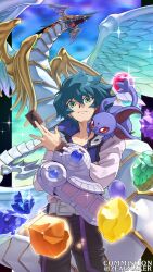  1boy artist_name belt blue_hair blue_vest card crystal_beast_ruby_carbuncle dragon duel_disk duel_monster fangs gem green_eyes highres horns johan_andersen long_sleeves looking_at_viewer rainbow_dragon red_eyes vest wings yu-gi-oh! yu-gi-oh!_gx zealmaker 
