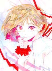  1girl abstract absurdres bare_shoulders colored_inner_hair commentary_request dress english_commentary eyelashes from_side hand_on_own_chin highres jewelry looking_at_viewer masking_tape_(medium) mixed-language_commentary mixed_media multicolored_hair necklace orange_hair original parted_lips pink_eyes pink_nails pink_ribbon red_ribbon red_scrunchie ribbon ring ryono scrunchie short_hair sleeveless sleeveless_dress solo traditional_media unconventional_media upper_body white_dress wispy_bangs wrist_scrunchie 