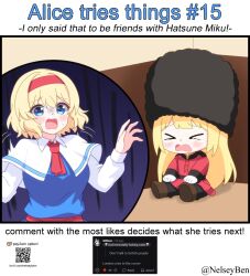  >_< 2girls alice_margatroid bearskin_cap blonde_hair blue_dress blue_eyes blush bnelsey breasts capelet coat commentary crying dress english_commentary english_text hairband ko-fi_logo long_hair long_sleeves medium_hair multiple_girls open_mouth qr_code red_coat red_hairband request_inset screenshot_inset sitting sweat touhou twitter_username very_long_hair web_address white_capelet 