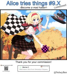  1girl ace_(playing_card) alice_margatroid alternate_costume ankle_boots autumn_leaves black_hat blue_eyes blush bnelsey boots bow bowtie breasts brown_boots brown_corset brown_skirt cape capelet card checkered_cape checkered_clothes clouds commentary commission corset day english_commentary english_text foot_out_of_frame frilled_skirt frills gensokyo_odyssey hairband hat hat_ribbon holding holding_teapot ko-fi_logo large_breasts leaf mad_alice missing_texture_(source) open_mouth outdoors playing_card qr_code red_bow red_bowtie red_hairband red_ribbon request_inset ribbon screenshot_inset short_hair skirt solo teapot top_hat touhou twitter_username unworn_hat unworn_headwear web_address white_capelet 