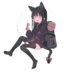  1girl artist_name bag black_hair black_jacket black_thighhighs blush bow cat_tail daquan_wubai highres holding jacket long_hair no_shoes open_mouth original simple_background solo tail tail_bow tail_ornament thigh-highs white_background yellow_eyes 