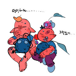  2boys alternate_costume aqua_shorts bandaid bandaid_on_arm bandaid_on_cheek bandaid_on_face bandaid_on_head bandaid_on_knee bandaid_on_leg big_nose bite_mark black_eyes black_skin blonde_hair blue_eyes blue_shirt brown_hair bud casual closed_eyes colored_skin covering_own_mouth creature_on_head creature_on_lap cross-eyed cross_scar crossed_ankles flat_color full_body hands_on_own_head injury insect_wings korean_text light_blush louie_(pikmin) male_focus multiple_boys olimar pants pikmin_(creature) pikmin_(series) pink_skin pointy_ears red_pants rock rock_pikmin scar scar_on_arm shirt short_hair short_sleeves shorts simple_background sitting socks solid_circle_eyes sweat sweatdrop t-shirt translation_request very_short_hair white_background white_socks wide-eyed winged_pikmin wings yu_pikmin 