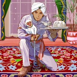  1boy animal animal_on_arm brown_eyes brown_shoes carpet chain closed_mouth cup curtains dark-skinned_male dark_skin drinking_glass gravy_boat hand_up holding holding_tray indoors jacket looking_at_viewer lowres male_focus monkey on_one_knee pants plant plate potted_plant princess_sarah ram_dass red_sash sakai_yume sash serving_dome shoes smile snowing surya_(princess_sarah) tray turban white_jacket white_pants white_turban window 