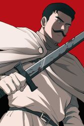  1boy black_hair blood blood_on_weapon chi.:_chikyuu_no_undou_ni_tsuite cloak closed_mouth facial_hair gloves grey_eyes highres holding holding_sword holding_weapon looking_at_viewer male_focus mustache nusushito red_background robe schmidt_(chi.) short_hair solo sword upper_body weapon white_cloak white_gloves white_robe 