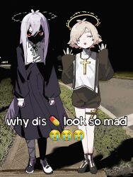  0_onibi 1boy 1girl antennae arms_at_sides asymmetrical_footwear black_dress black_shirt black_shorts brown_hair clenched_hands closed_eyes cross cross_pendant crying_emoji dress emoji english_text gekiyaku halo highres kazehiki_(utau) long_hair looking_at_viewer meme mismatched_footwear neck_ribbon night open_mouth outdoors purple_hair red_eyes ribbon shaded_face shirt shoes short_hair shorts smile thigh_strap utau v-shaped_eyebrows why_dis_ninja_look_so_mad_(meme) 