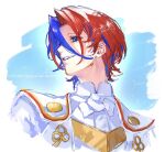  1boy 91007 alear_(fire_emblem) alear_(male)_(fire_emblem) artist_name blue_eyes blue_hair fire_emblem fire_emblem_engage hair_between_eyes hair_intakes male_focus multicolored_hair open_mouth redhead short_hair smile solo split-color_hair teeth twitter_username upper_body upper_teeth_only 