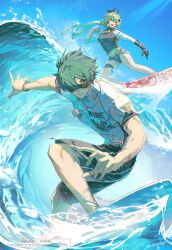  1boy 1girl aketohgo alternate_costume black_gloves black_hair black_shorts blue_sky caesar_king_(zenless_zone_zero) dog_tags full_body gloves highres lighter_(zenless_zone_zero) long_hair looking_at_viewer midriff ocean open_mouth ponytail shirt short_hair short_shorts shorts sky smile sunglasses surfboard surfing water white_shirt zenless_zone_zero 