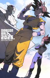  3boys bandaged_head bandages black_hair blue_bodysuit bodysuit boots cloak closed_mouth clouds cloudy_sky crossed_arms dragon_ball furrowed_brow male_focus multiple_boys muscular orange_dougi piccolo pointy_ears sasaki_tomomi short_hair sky smile son_goku spiky_hair vegeta vest waving white_boots white_cloak wristband 