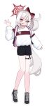  1girl 82jhin absurdres alternate_costume black_footwear black_shorts blue_archive full_body grey_hair halo highres long_hair long_sleeves mutsuki_(blue_archive) red_halo revision shirt shoes shorts side_ponytail simple_background sneakers solo violet_eyes white_background white_shirt 