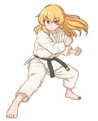  1girl alternate_costume barefoot black_sash blonde_hair bow braid bright_pupils clenched_hands collarbone commentary_request dougi fighting_stance full_body hair_between_eyes hair_bow karate kirisame_marisa long_hair long_sleeves mizusoba pants puckered_lips sash single_braid solo standing touhou v-shaped_eyebrows white_bow white_pants white_pupils yellow_eyes 
