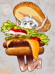 1girl absurdres ahoge arms_up barefoot blue_eyes burger burger_costume dolphilia dot_mouth food food_costume grey_background highres kneeling looking_at_viewer no_nose no_pants original short_hair solo white_hair 