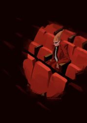  1boy artist_name blonde_hair collared_shirt commentary english_commentary ghost_trick highres impossible_hair jacket male_focus necktie open_clothes open_jacket pants pointy_hair red_jacket red_pants red_suit shirt sissel_(ghost_trick) sitting solo spotlight suit sunglasses theater theater_seating turnabouttrial twitter_username white_necktie wing_collar 