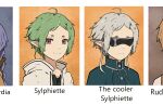  1girl absurdres cloak green_cloak green_hair highres jacket meme multiple_views mushoku_tensei o-nce pointy_ears portrait red_eyes short_hair sunglasses sylphiette_(mushoku_tensei) the_cooler_daniel_(meme) white_hair white_jacket 