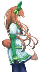  1girl animal_ears black_pantyhose blunt_bangs ear_covers from_side green_eyes highres hime_cut horse_ears horse_girl horse_tail iada3229 long_hair long_sleeves looking_ahead orange_hair orange_tail pantyhose pleated_skirt silence_suzuka_(umamusume) skirt solo tail umamusume white_skirt 