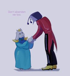  1boy 1girl animal_ears ant_tenna black_pants blue_dress coat coattails commentary crown deltarune dress english_commentary english_text gloves goat_ears goat_girl goat_horns heart heart_necklace highres holding_hands horns jewelry mimizukeii necklace object_head pants pointy_nose red_coat shoes toriel toriel_(dark_world) utdr_(toby_fox) white_gloves yellow_shoes 