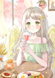  1girl angel_wings bacon bare_shoulders blush bow bread bread_slice breakfast brown_hair chair cherry_blossoms closed_mouth collarbone commentary_request commission cup curtains dot_nose drinking_glass elbows_on_table falling_petals feathered_wings feathers flat_chest flower food green_eyes green_shirt hair_bow hair_flower hair_ornament hands_up holding holding_cup indoors jewelry long_hair long_sidelocks looking_at_viewer marmalade mole mole_under_eye necklace off-shoulder_shirt off_shoulder on_chair original petals picture_frame pink_feathers pink_petals rabbit rabbit_necklace round_table scrambled_egg shirt sidelocks sitting skeb_commission smile solo sunlight table tententuyu toast upper_body vase watermark wavy_hair white_bow window wine_glass wings yellow_flower yellow_wings 