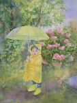  boots bush child flower grass highres looking_at_viewer ooy33151086 original painting_(medium) path pink_flower plant raincoat traditional_media tree umbrella watercolor_(medium) yellow_raincoat 