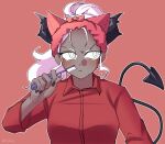  1girl black_horns black_nails brushing_teeth demon demon_girl demon_horns demon_tail glowing glowing_eyes helltaker highres horns judgement_(helltaker) looking_to_the_side pancake_hubba ponytail red_headwear tail white_eyes white_hair 