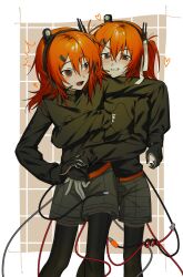  2girls a.i._voice adachi_rei black_shirt black_thighhighs cable clone commentary feet_out_of_frame gloves grey_shorts headset highres hirune_(suiminbusoku118) hug hug_from_behind multiple_girls no_jacket open_mouth orange_eyes orange_hair shirt shorts standing thigh-highs utau 